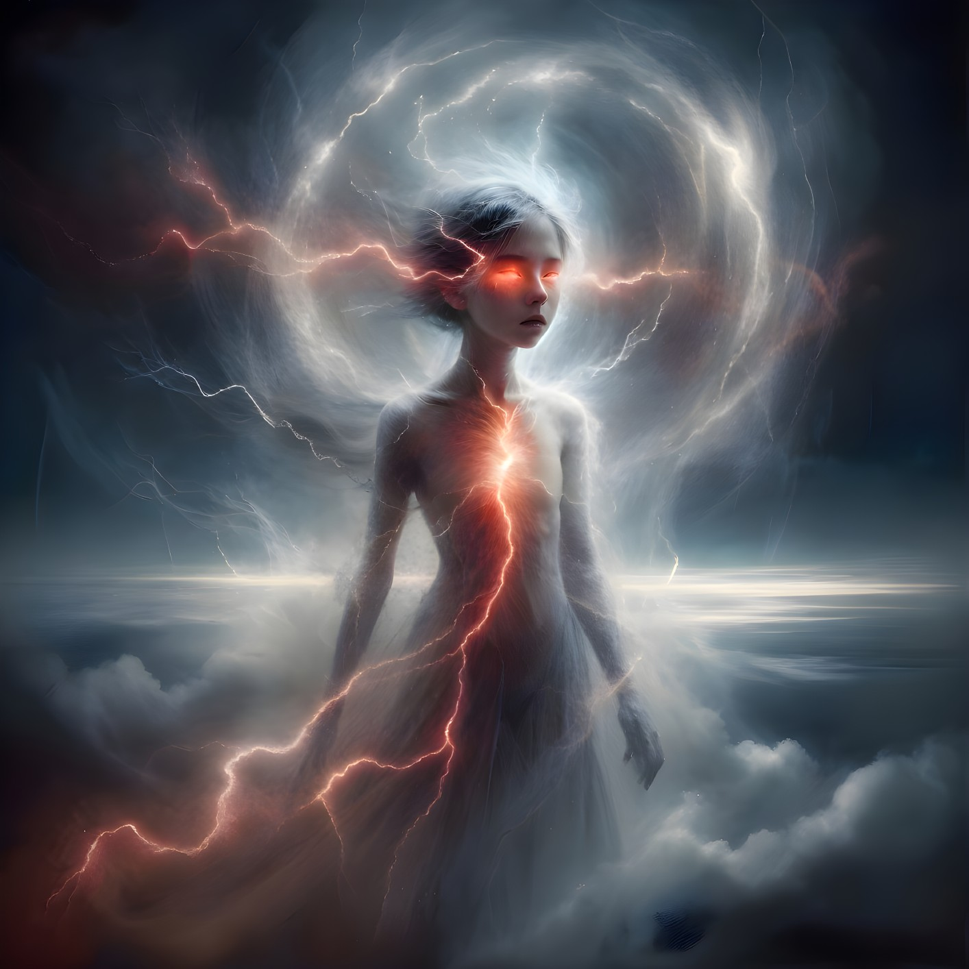 Mystical girl in stormy landscape with glowing red eyes
