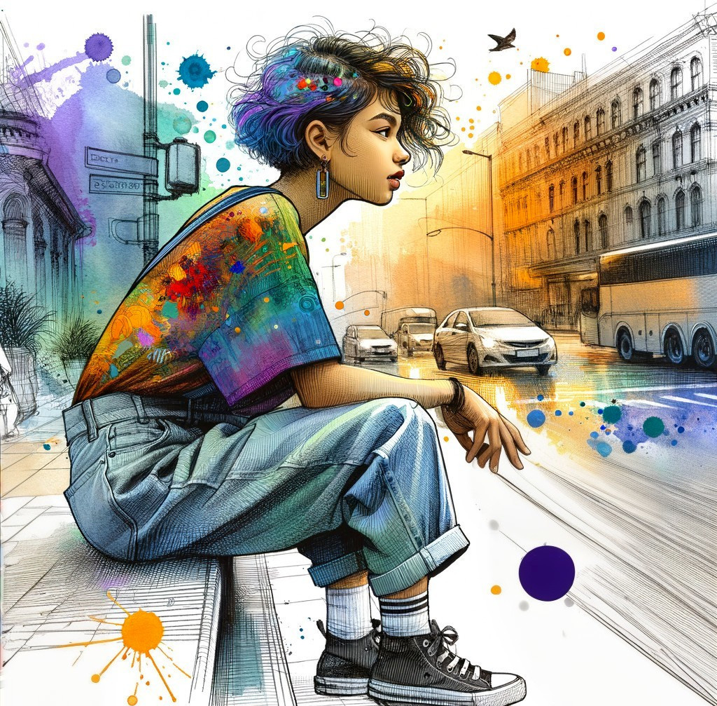 Colorfully dressed youth with headphones against urban street sketch backdrop