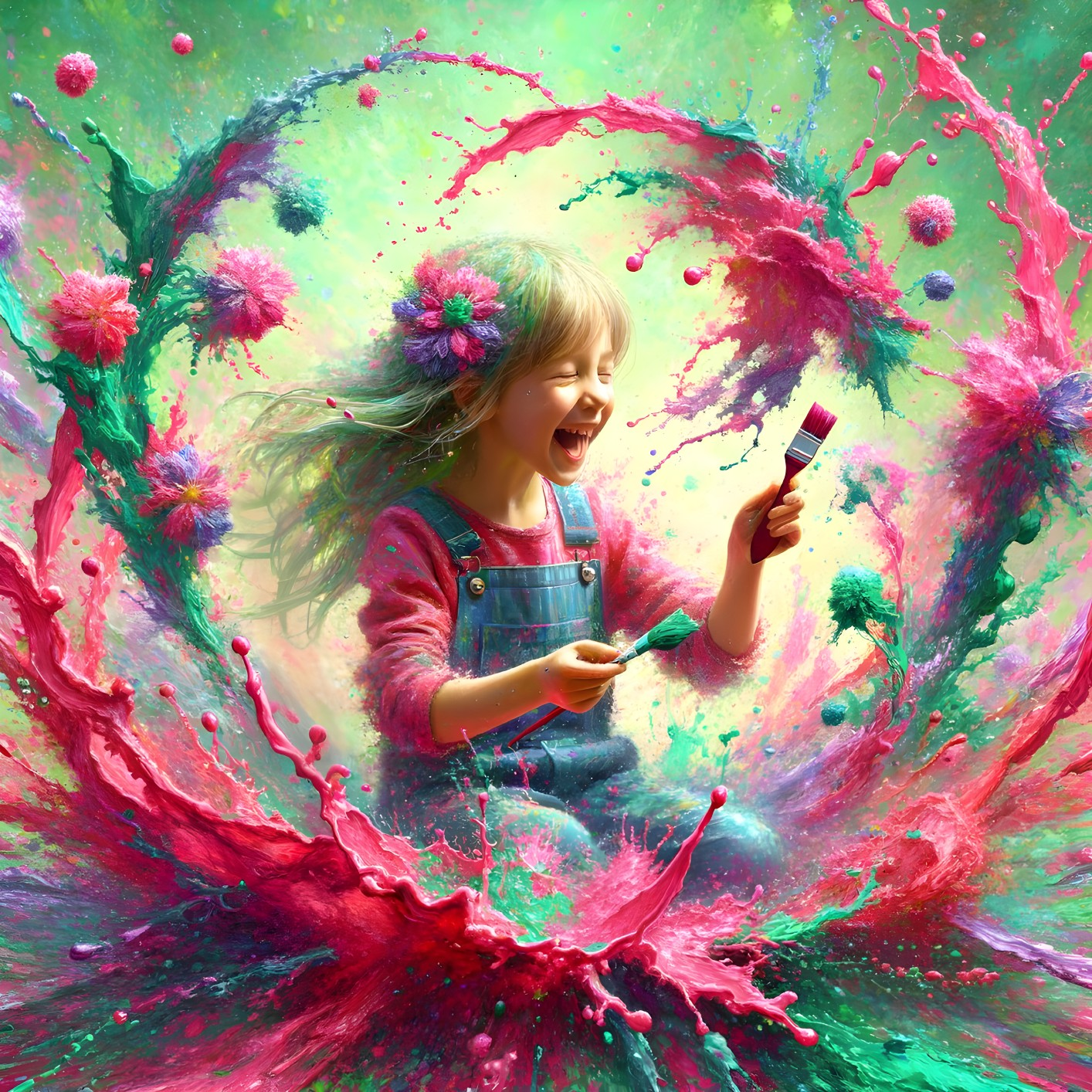 Colorful Paint Splashes Surround Joyful Girl in Denim Outfit