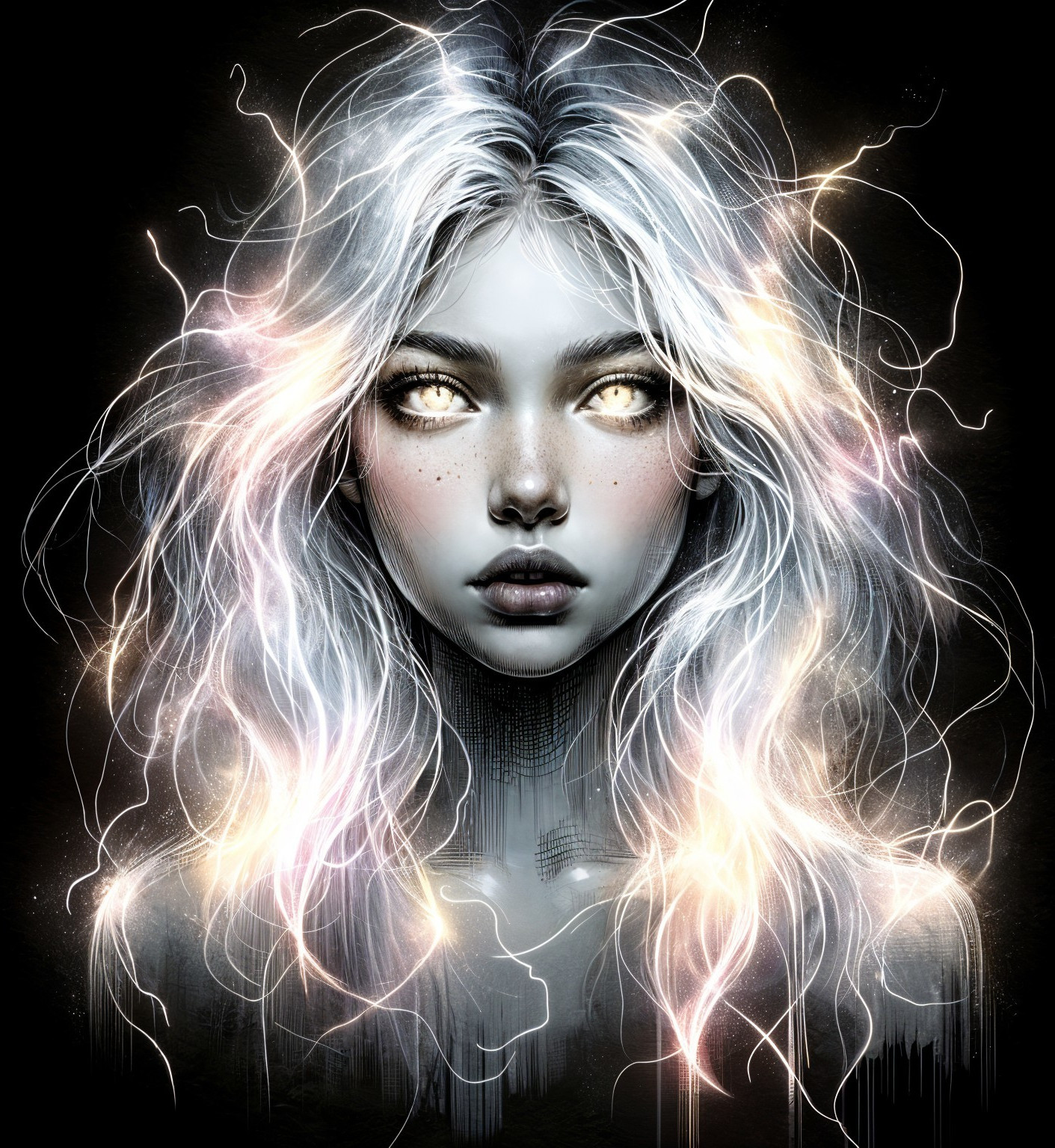 Portrait of a Young Woman with Luminous White Hair