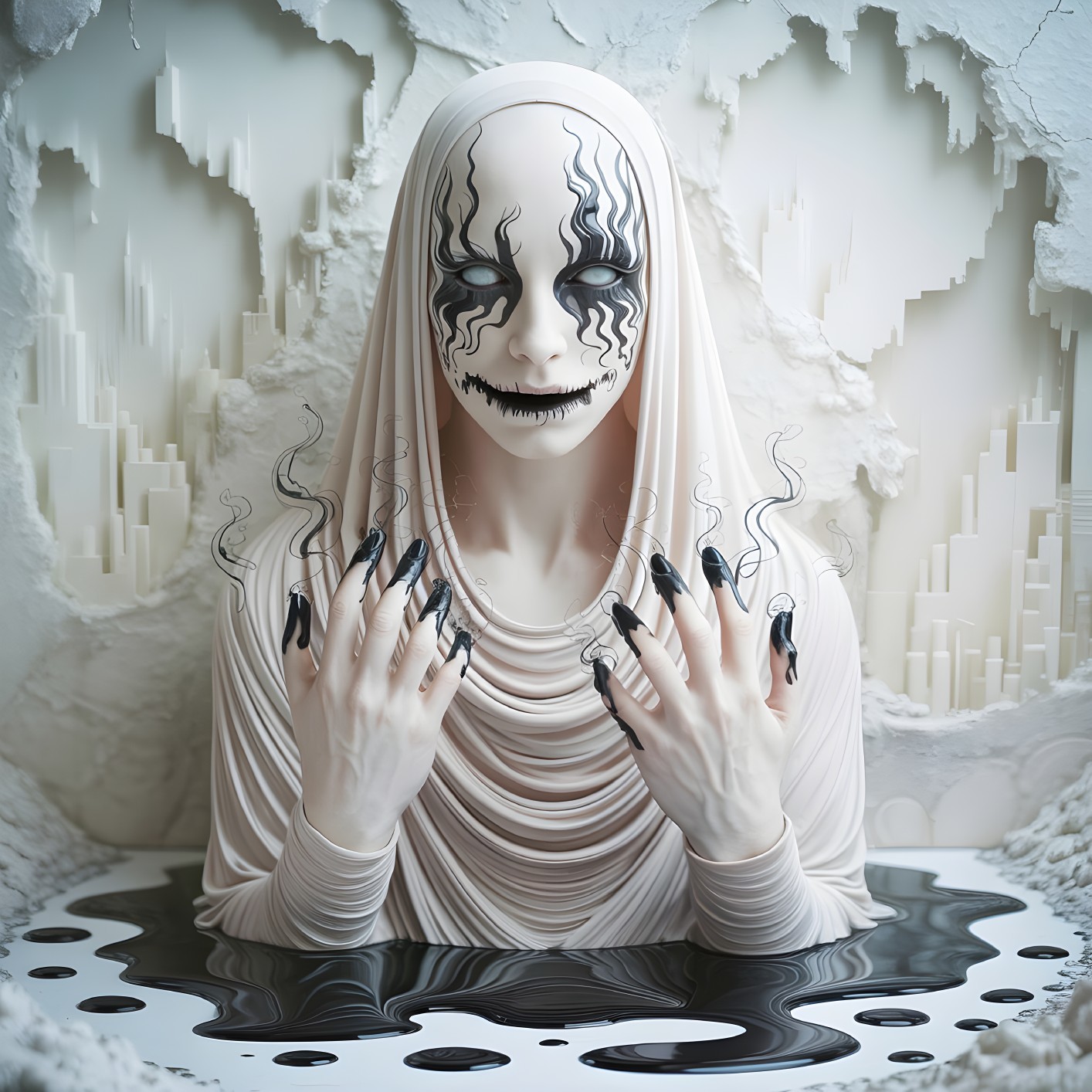 Eerie Pale Figure in Flowing Garment and Dark Makeup