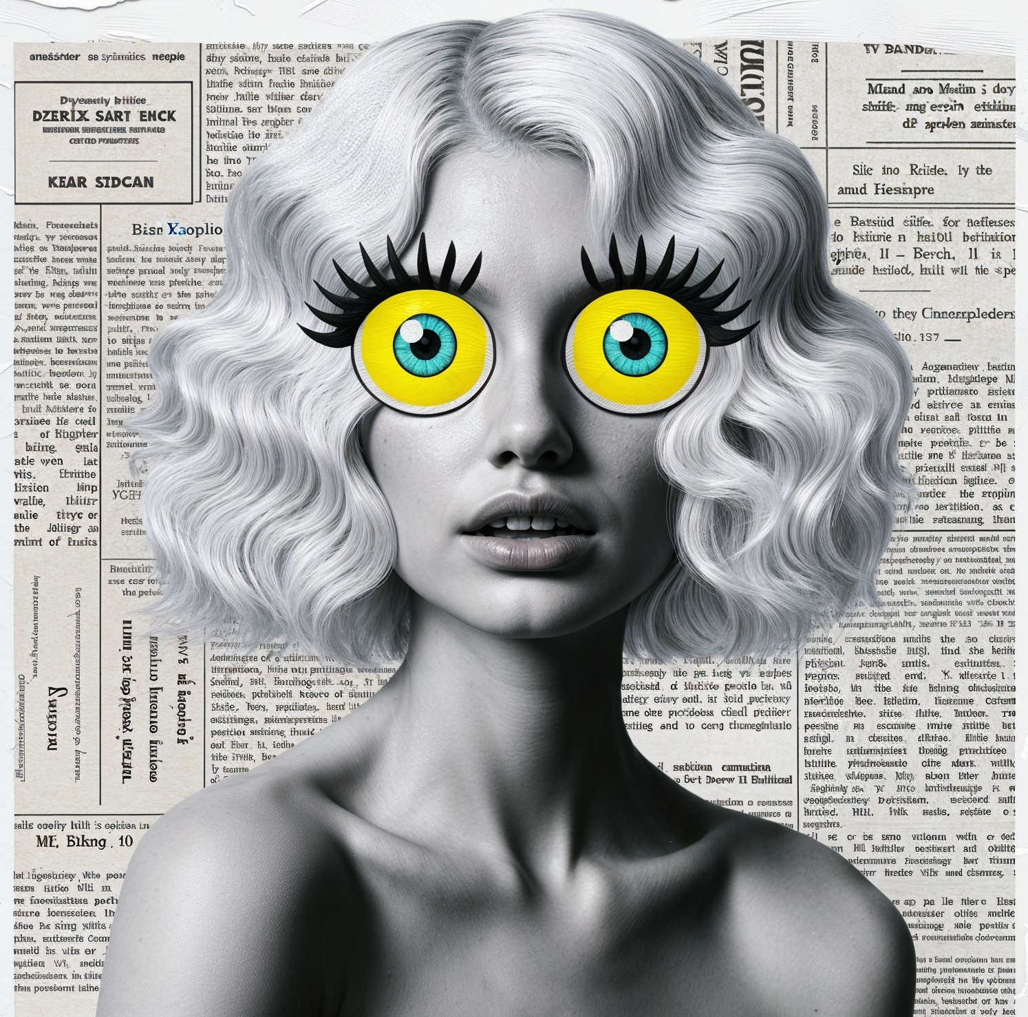 Black-and-White Portrait with Yellow Eyes and News Clippings