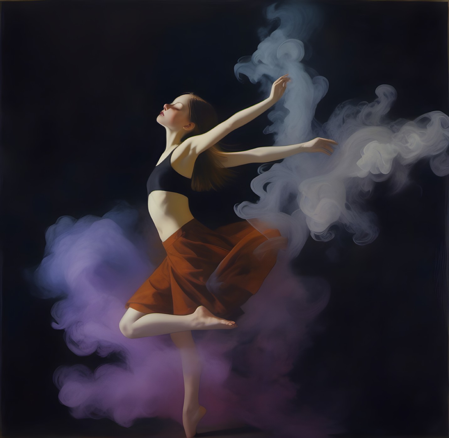 Dancer in Pose with Flowing Skirt and Smoke Effects