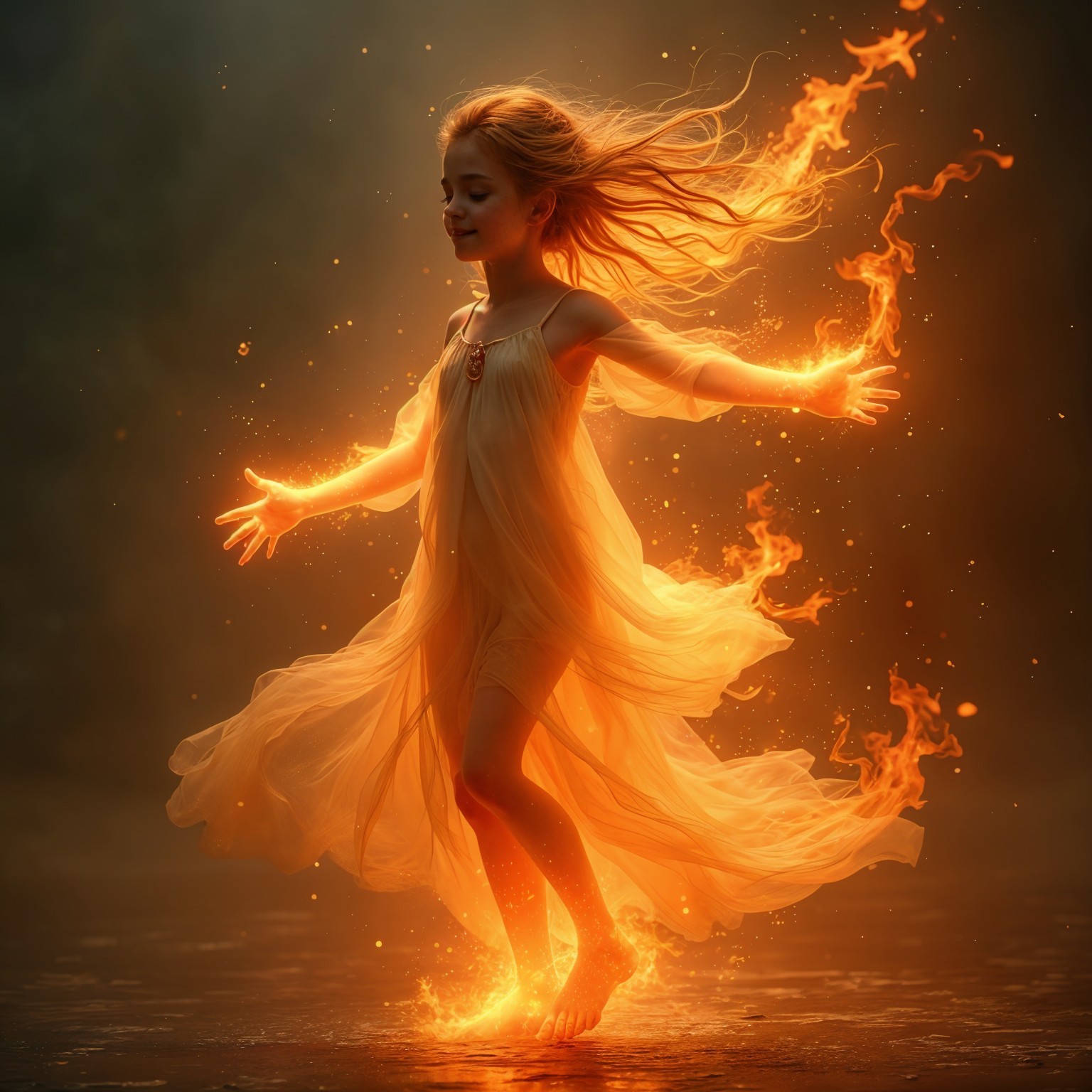 Young girl in glowing dress with dancing flames
