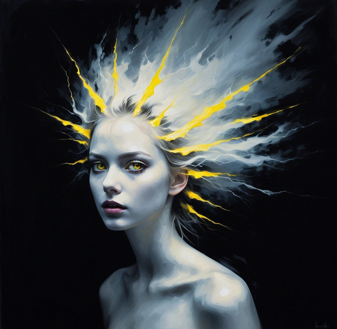 Portrait of a Young Woman with Yellow Eyes and White Hair