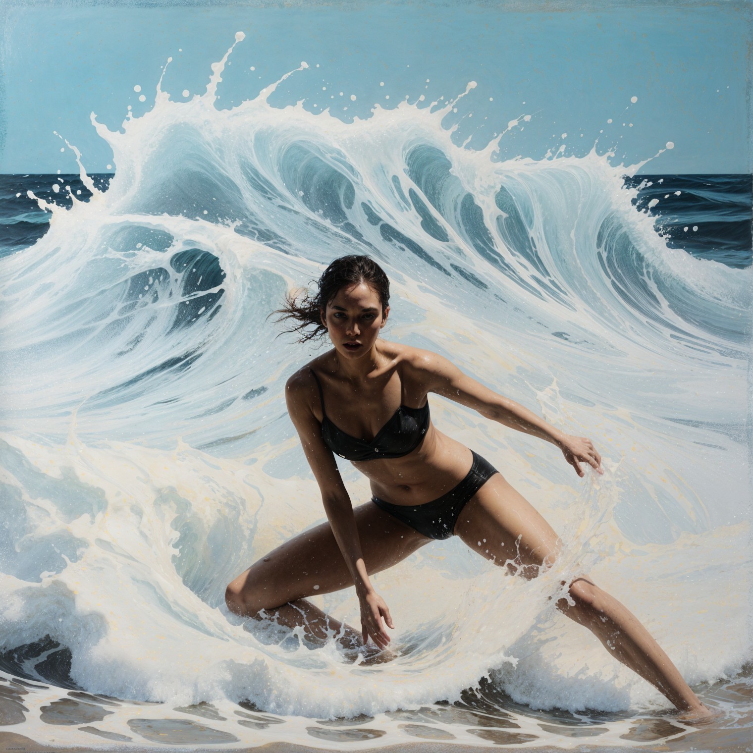 Dynamic Woman in Black Bikini Amid Ocean Waves