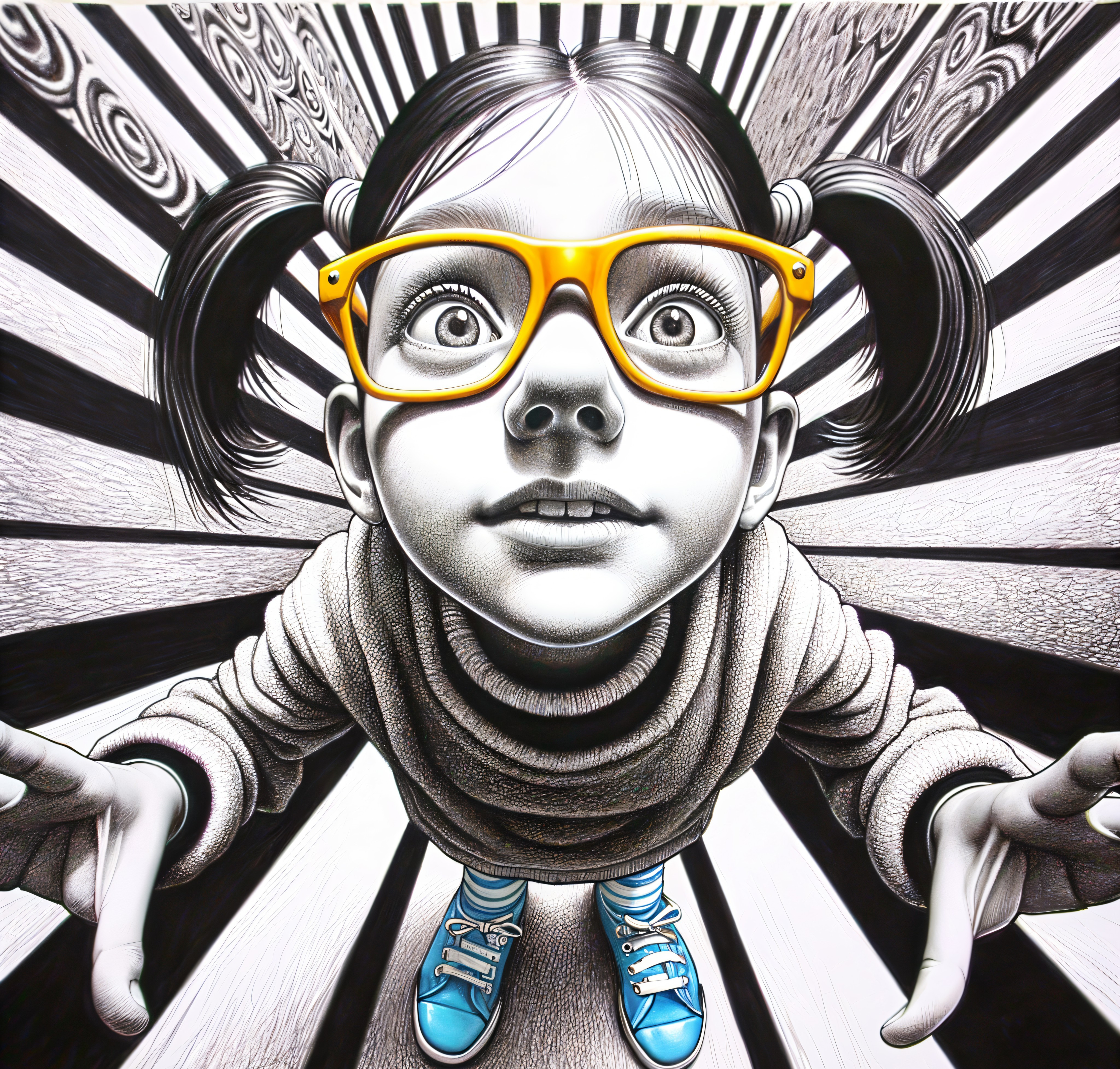 Young girl in oversized glasses against striped background