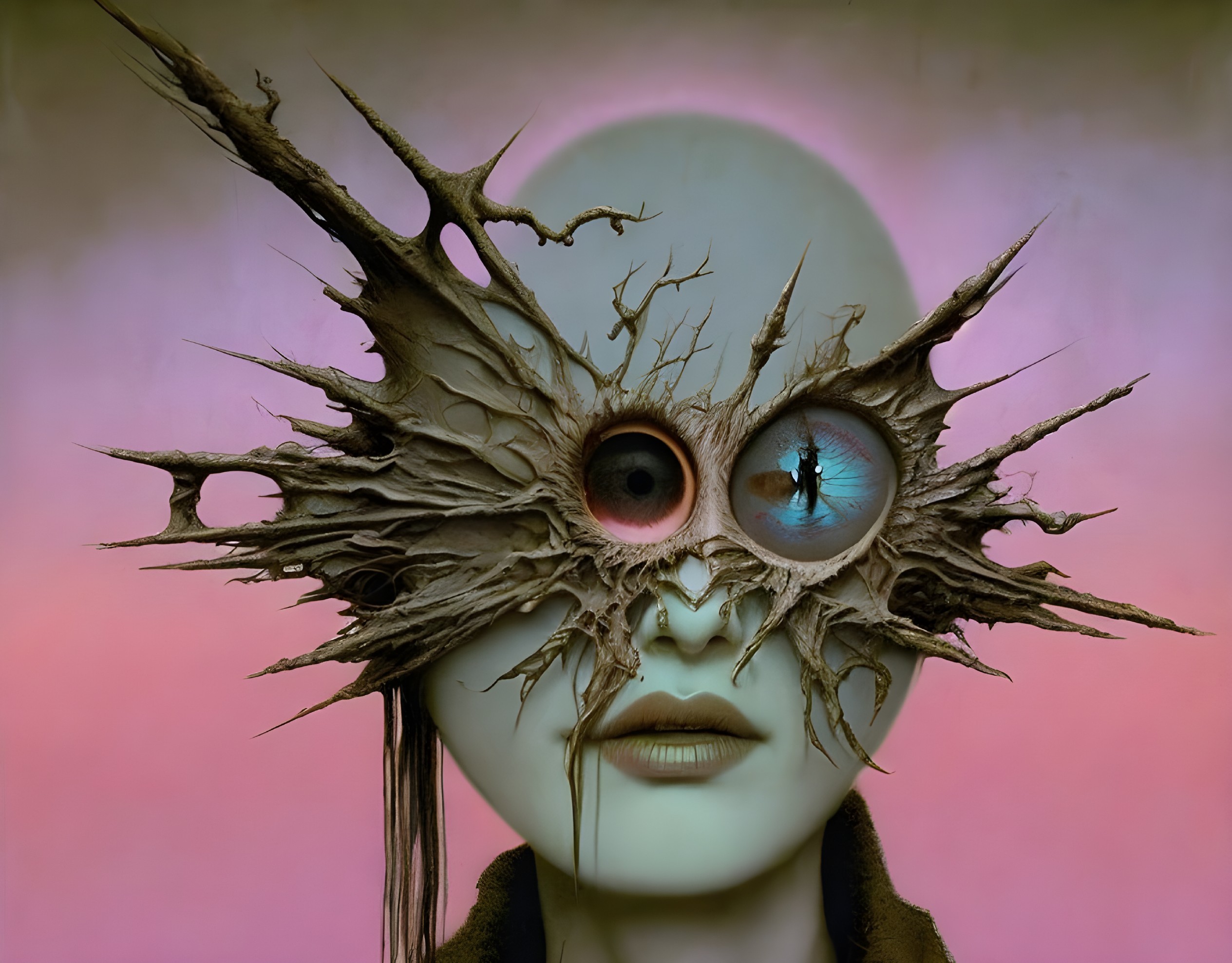 Surreal portrait of figure with branch-like eyewear and pink/blue eyes on pink/purple backdrop