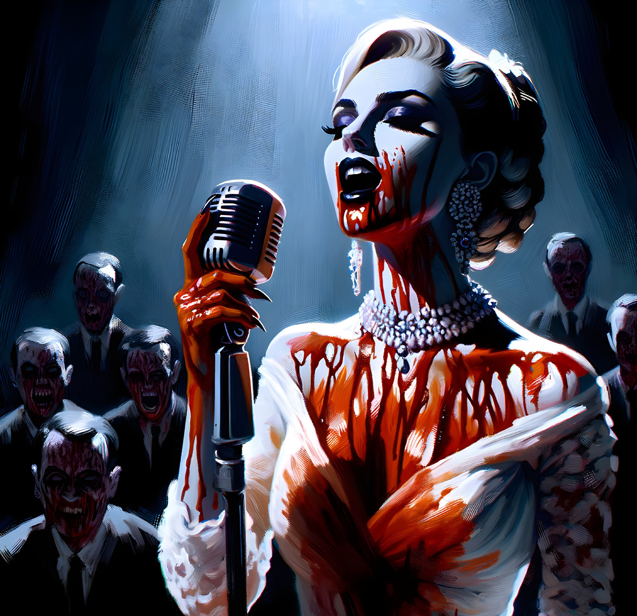 Illustrated skeletal woman singing with macabre, blood-stained appearance among sinister figures