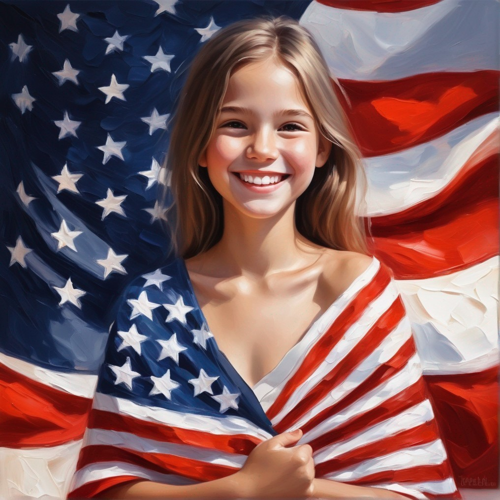 Young girl wrapped in American flag with bright smile
