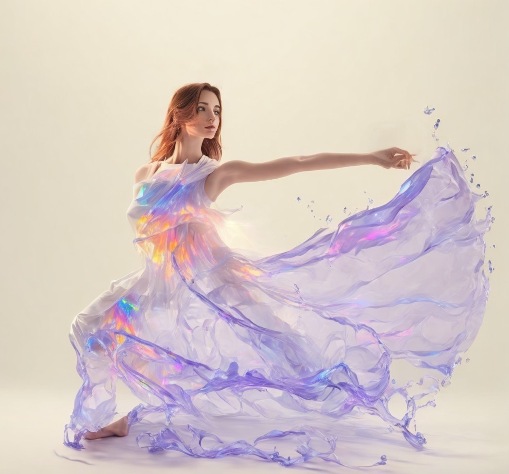 Elegant woman in flowing dress with swirling liquid colors on soft light background