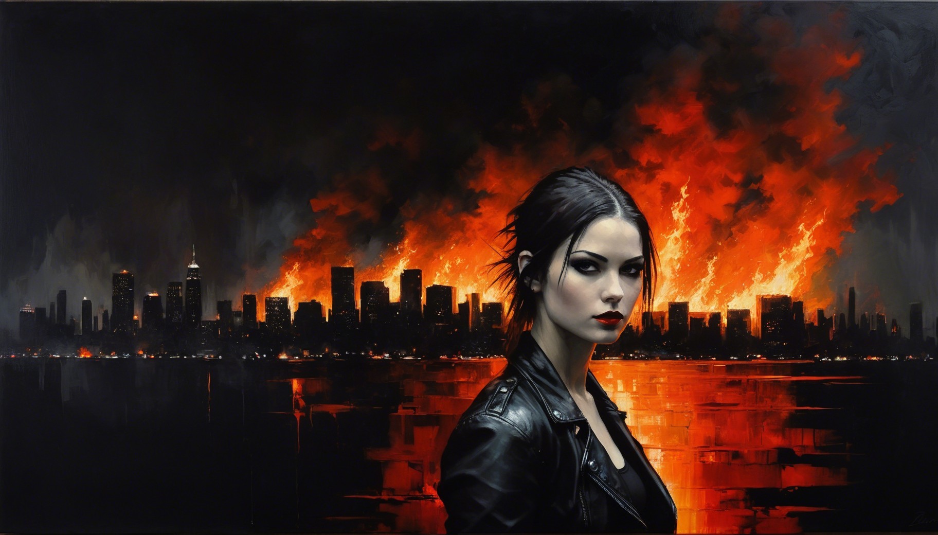 Futuristic city skyline at night with neon lights and red aurora sky