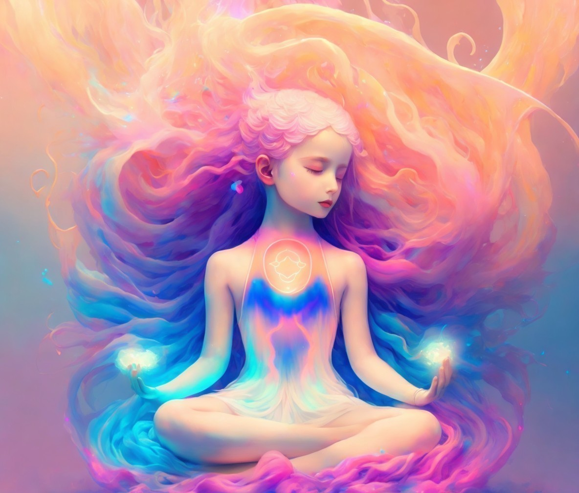 Ethereal being meditating with vibrant hair and energy on pastel backdrop