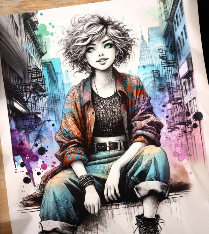 Stylish Individual with Curly Hair Against Colorful Cityscape