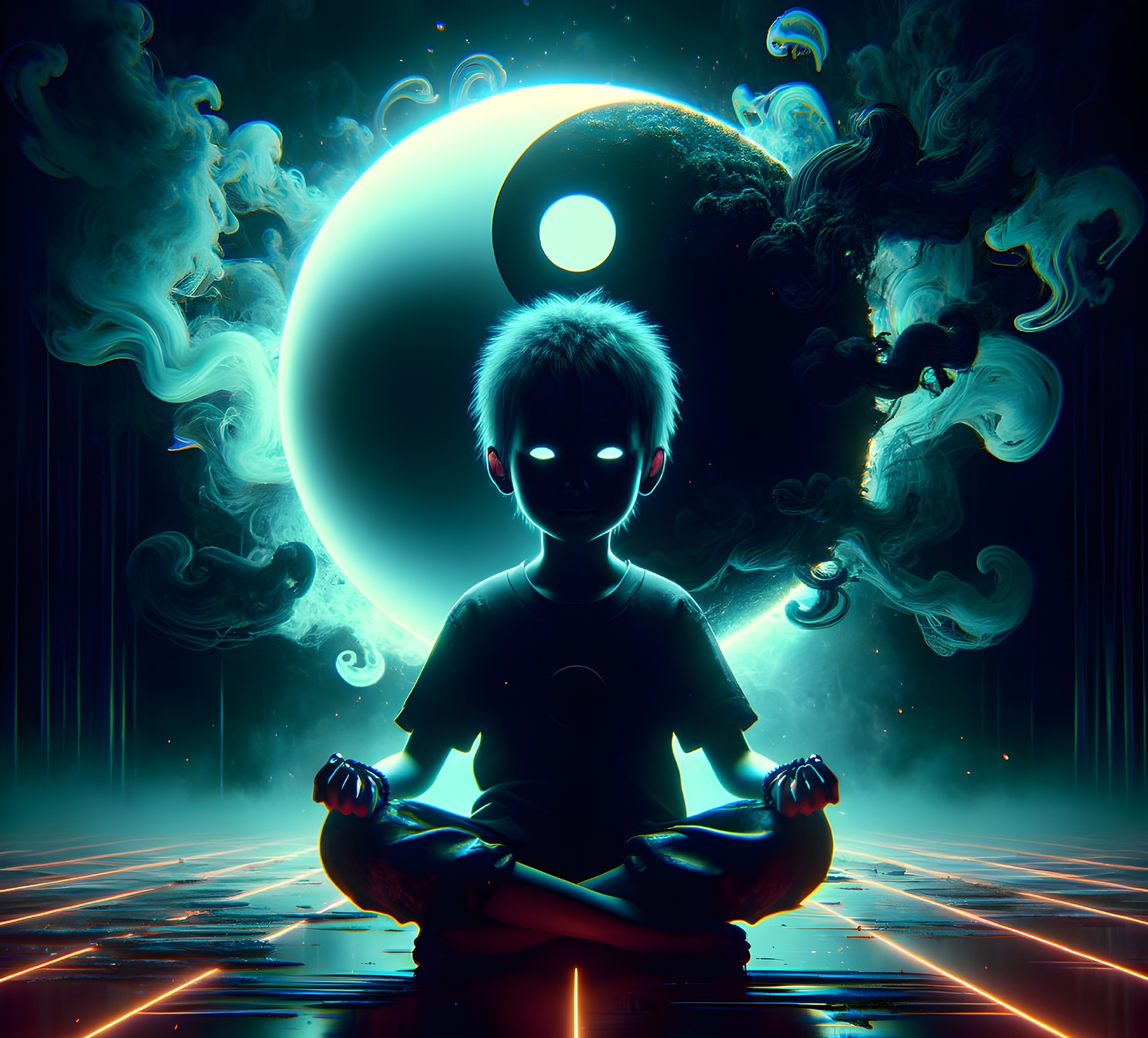 Child meditating under crescent moon with glowing eyes in mystical setting