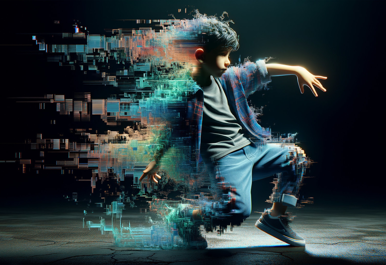 Young dancer amidst colorful digital distortion effects
