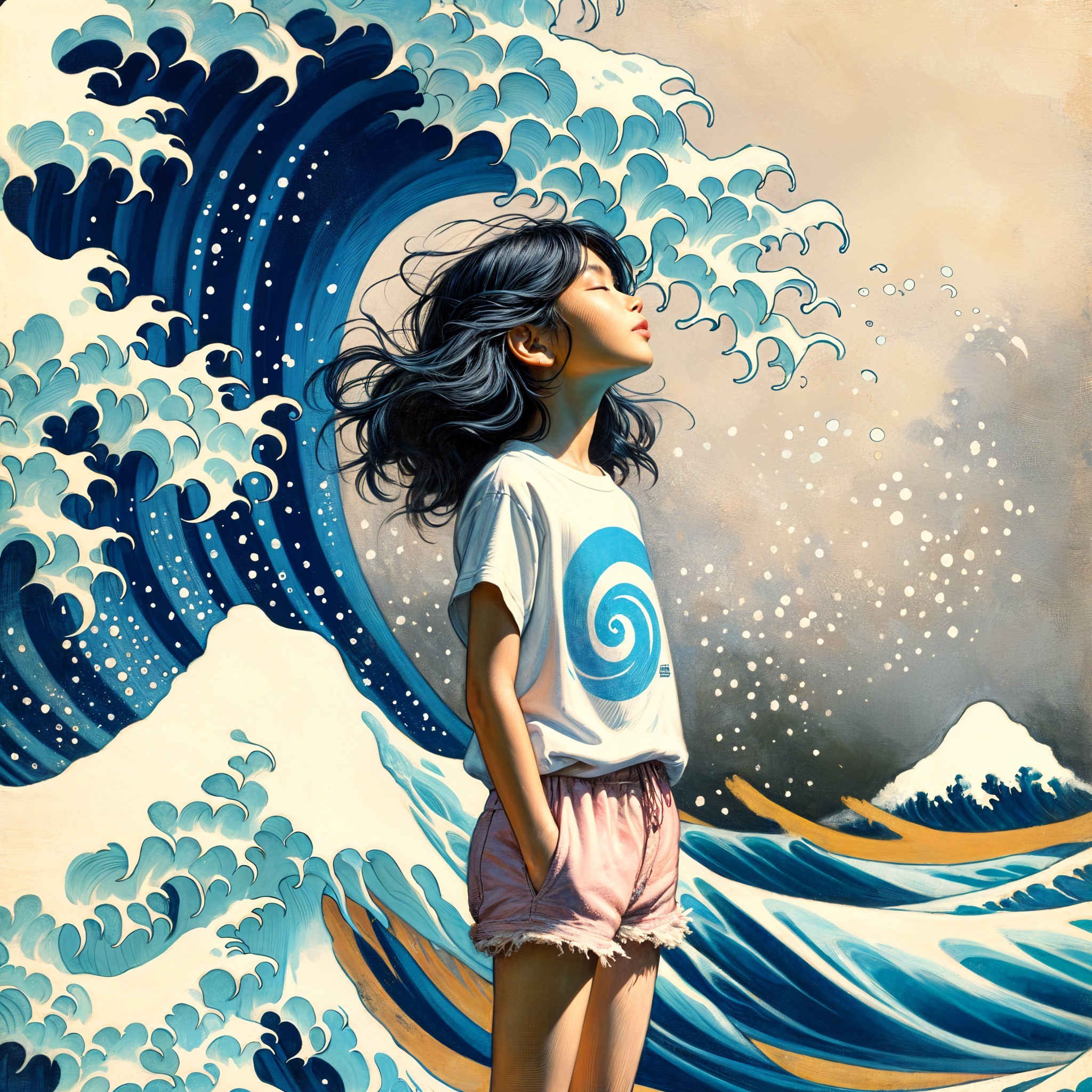 Girl in White T-Shirt Against Dramatic Ocean Waves