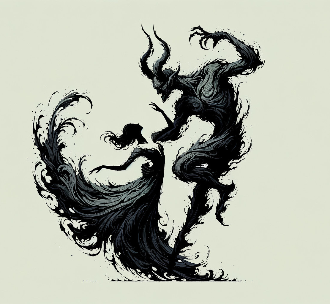Monochrome abstract art: figures merging with swirl patterns