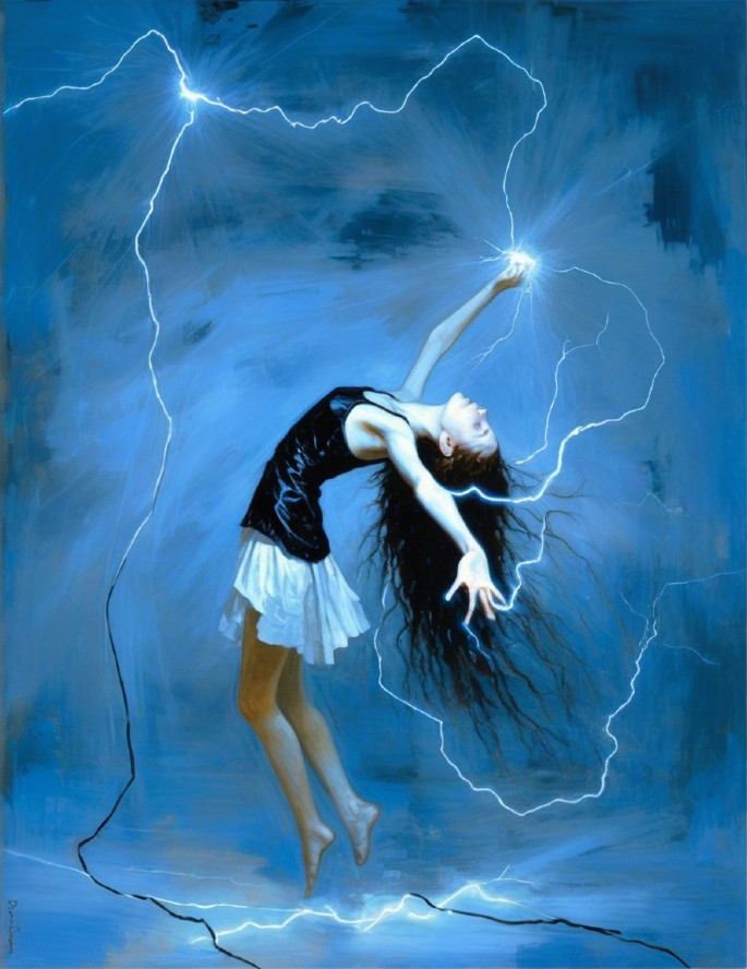 Girl in Black Dress Manipulating Blue Lightning