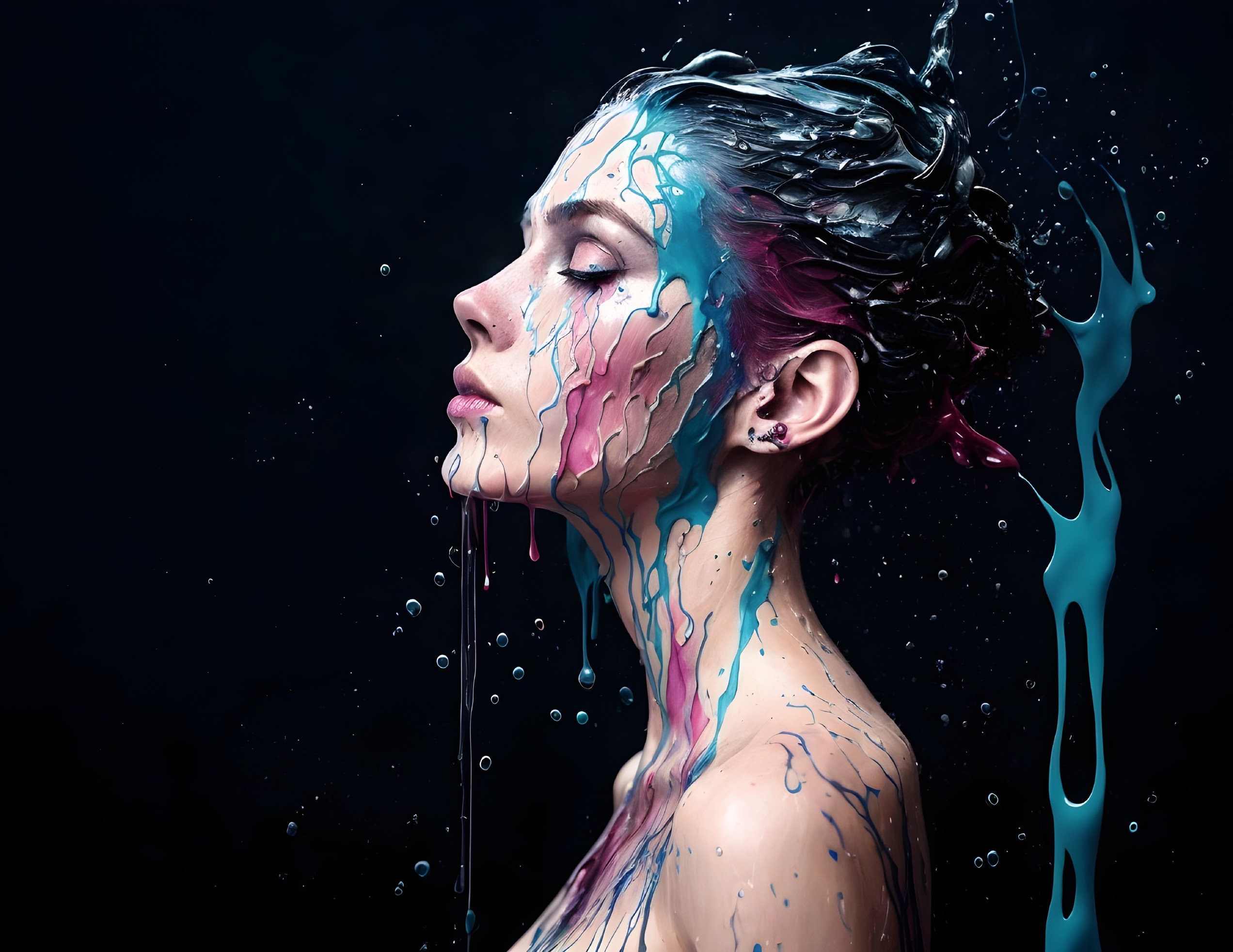 Person with paint dripping on face and hair in dark background