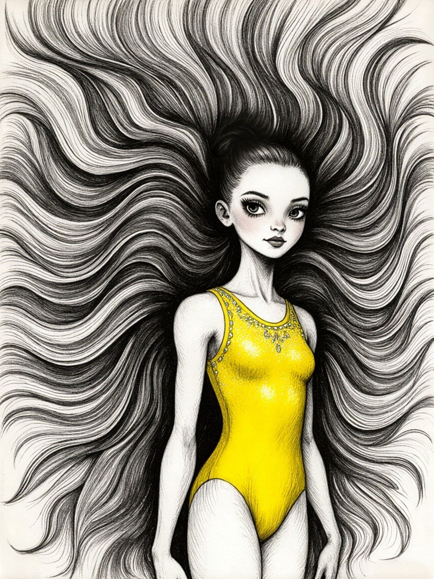 Illustration of a girl in a yellow swimsuit with flowing hair