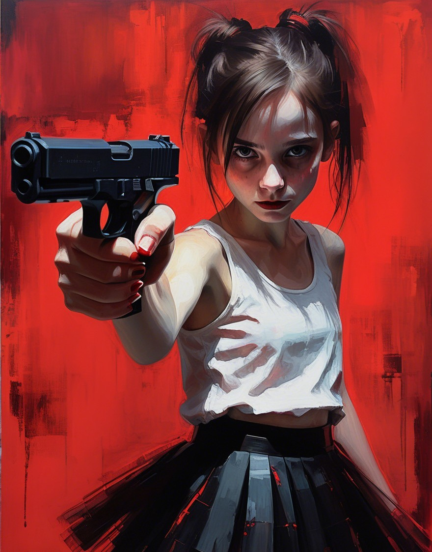 Young girl with handgun against red background