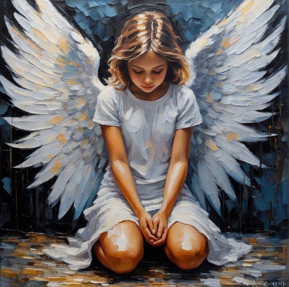 Serene Young Girl with Angelic Wings in Prayer Pose