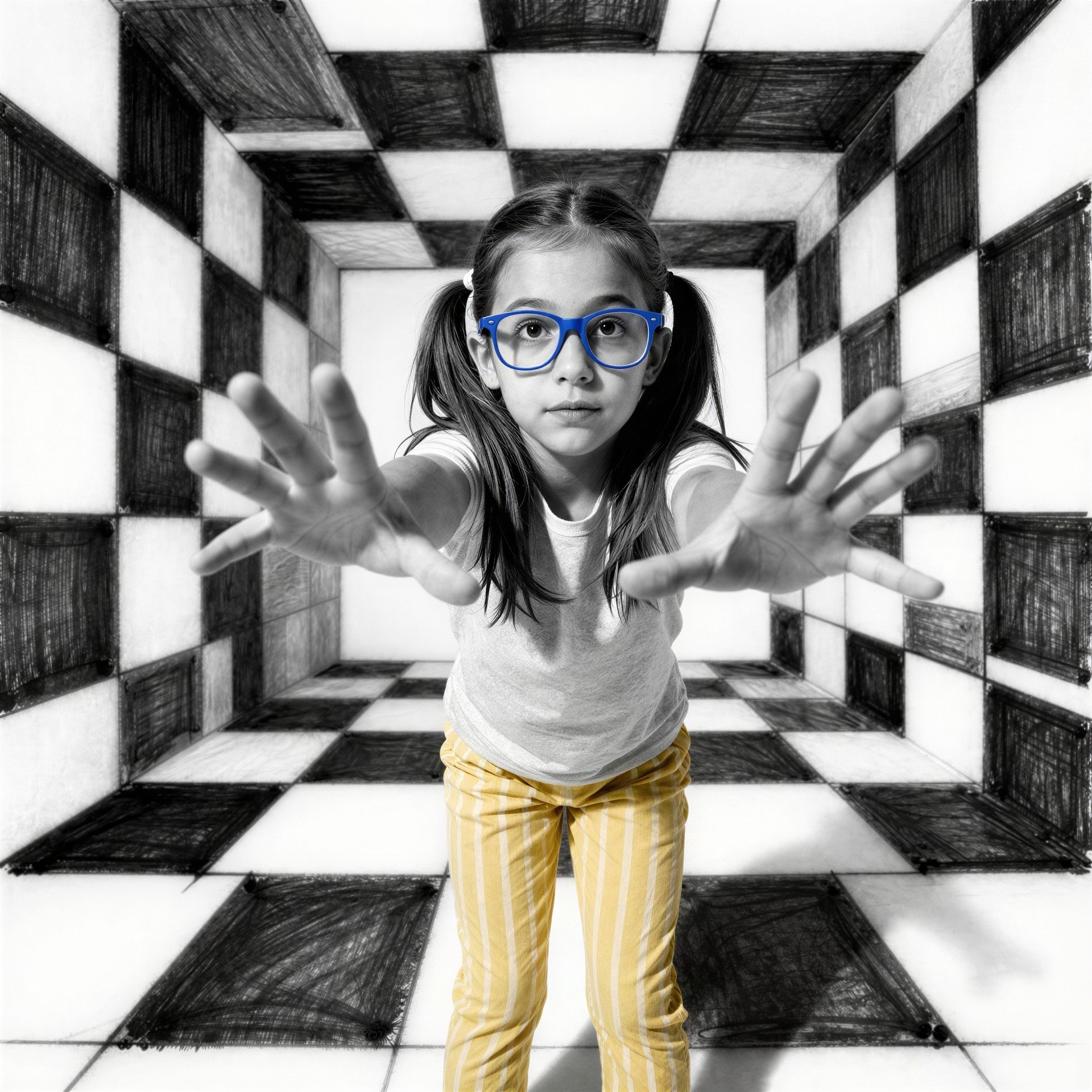 Adolescent girl in pigtails against checkered tunnel backdrop