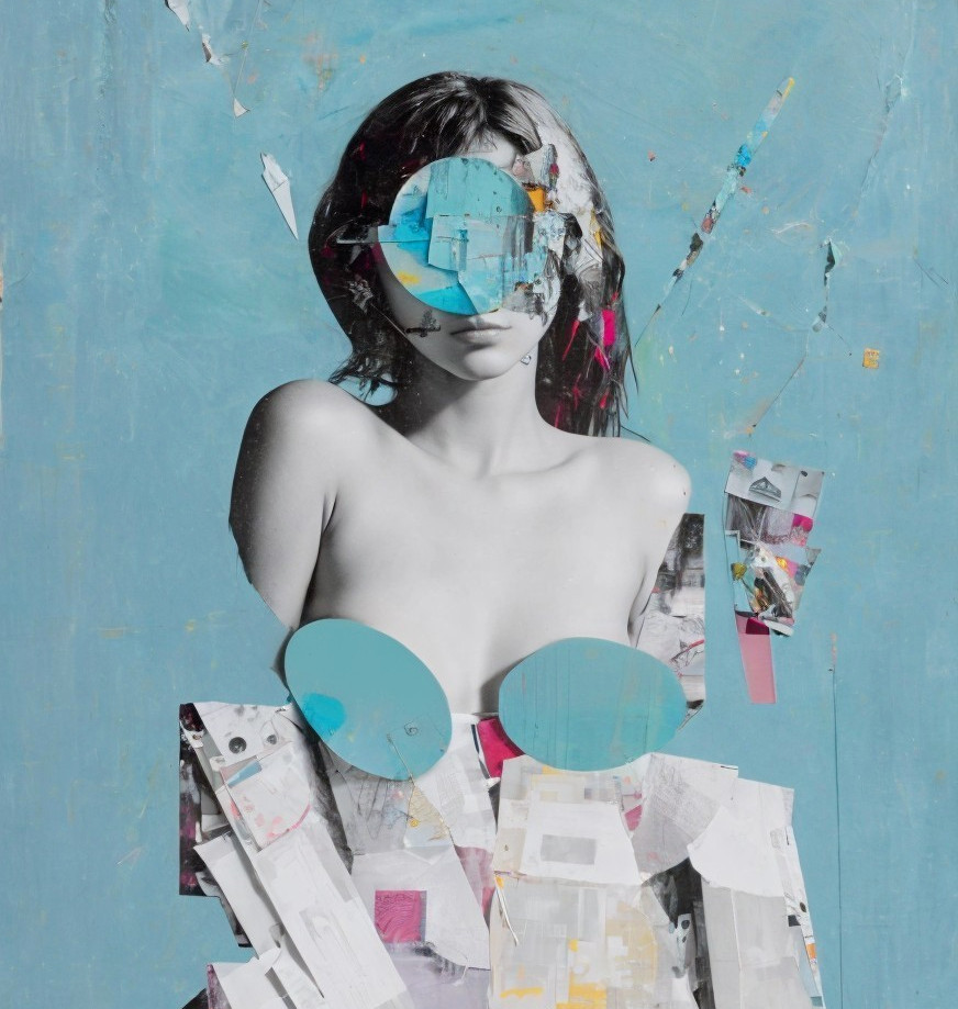 Mixed-Media Artwork with Monochrome and Color Elements