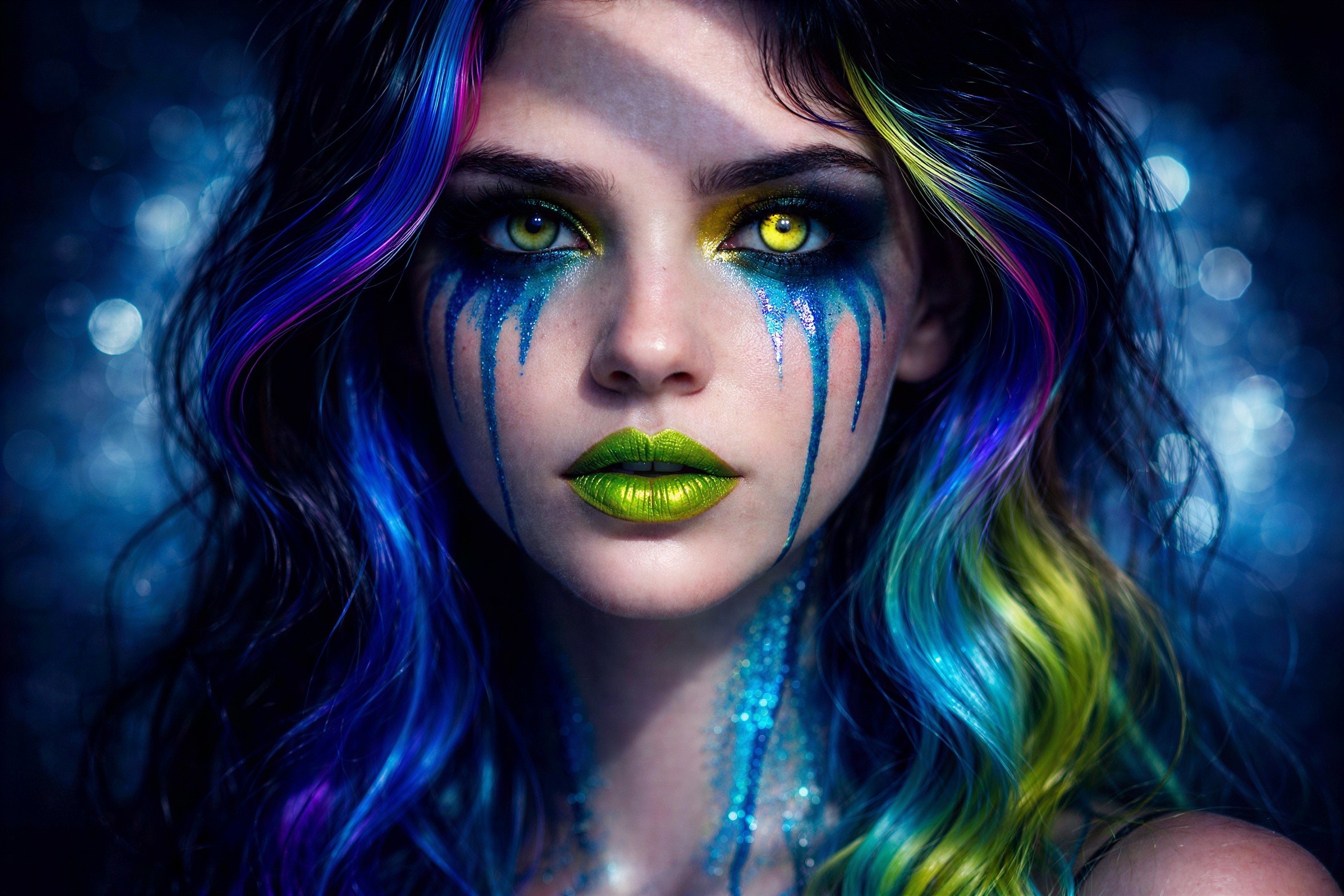 Close-up of a woman with multicolored hair and makeup