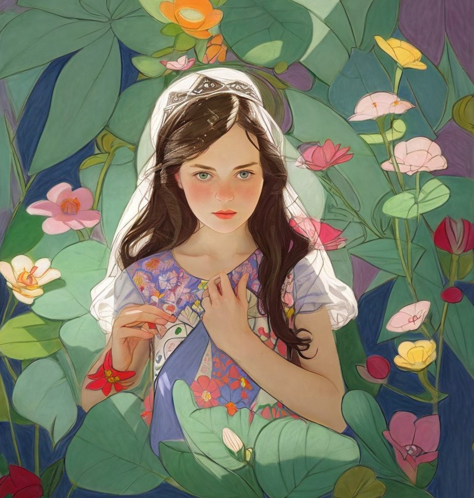 Girl with Dark Hair and White Veil Surrounded by Flowers and Leaves