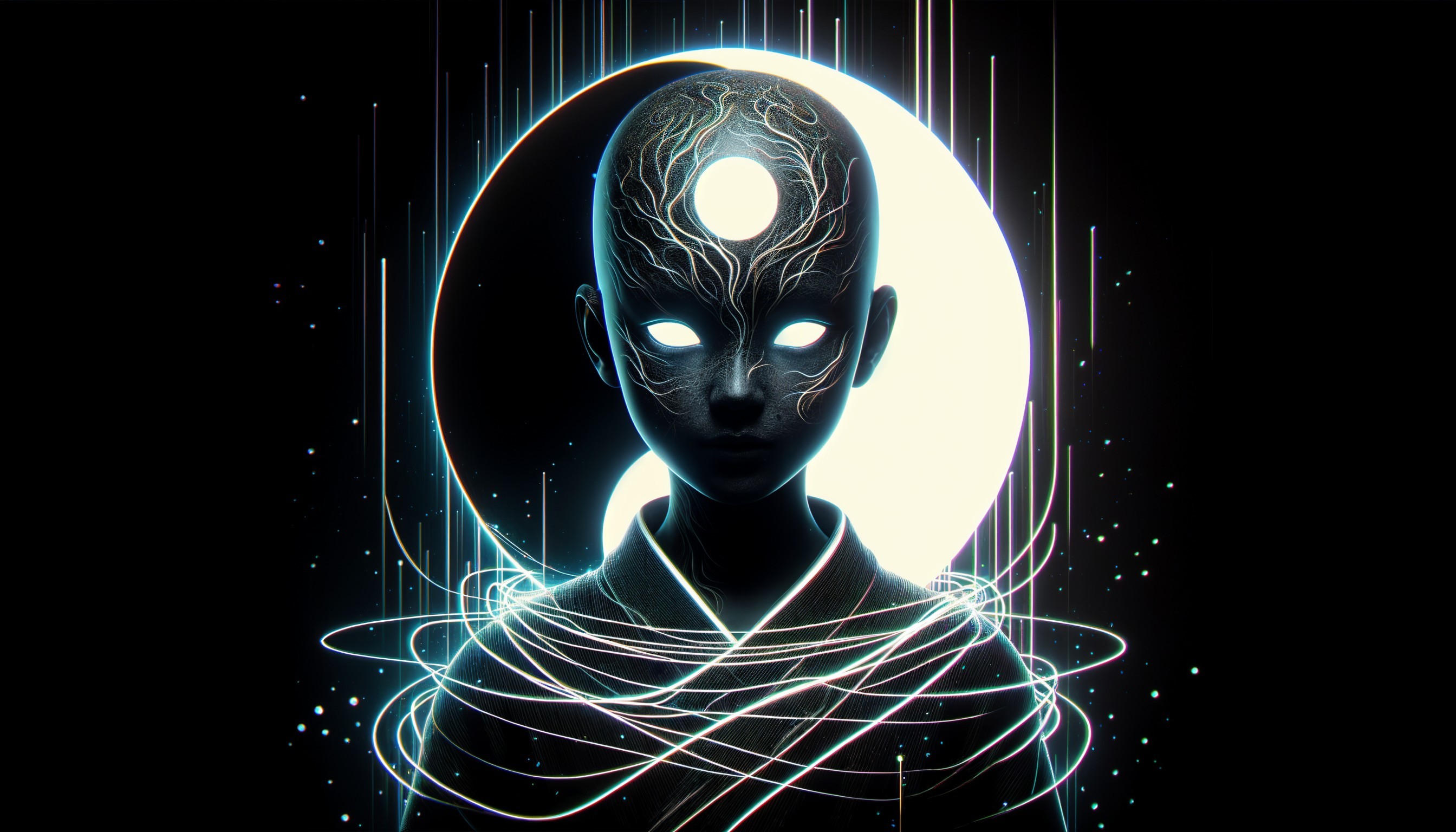 Surreal Figure with Glowing Patterns and Celestial Orb