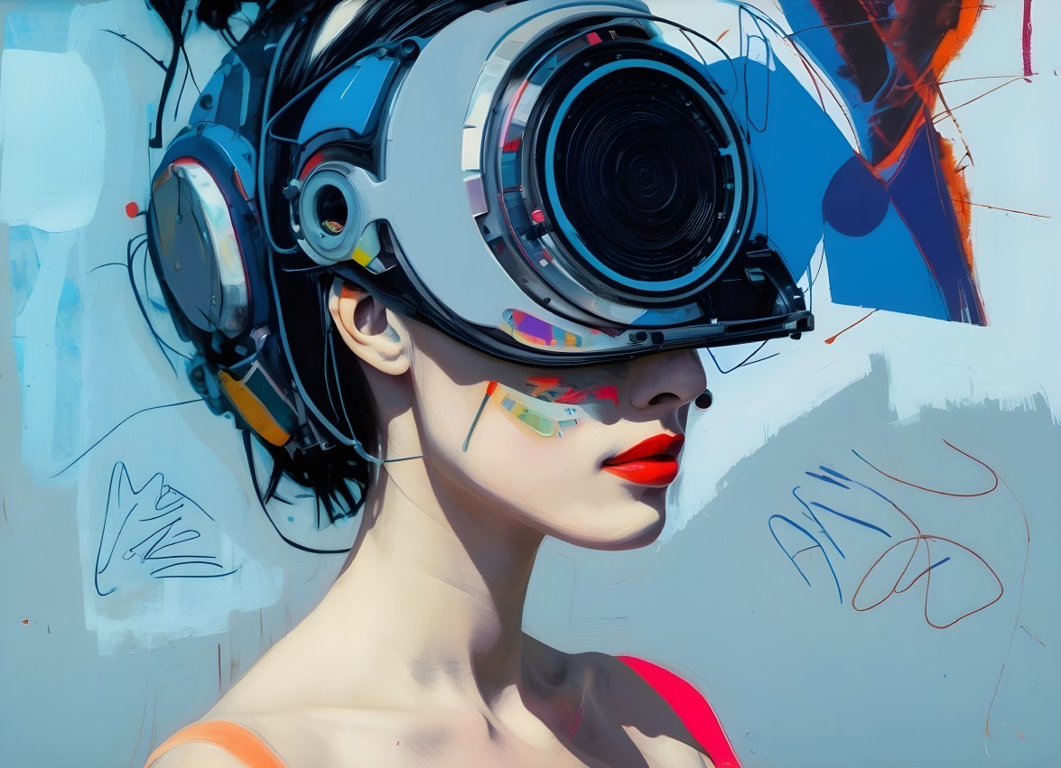 Digital painting of woman with futuristic headset and camera lens.
