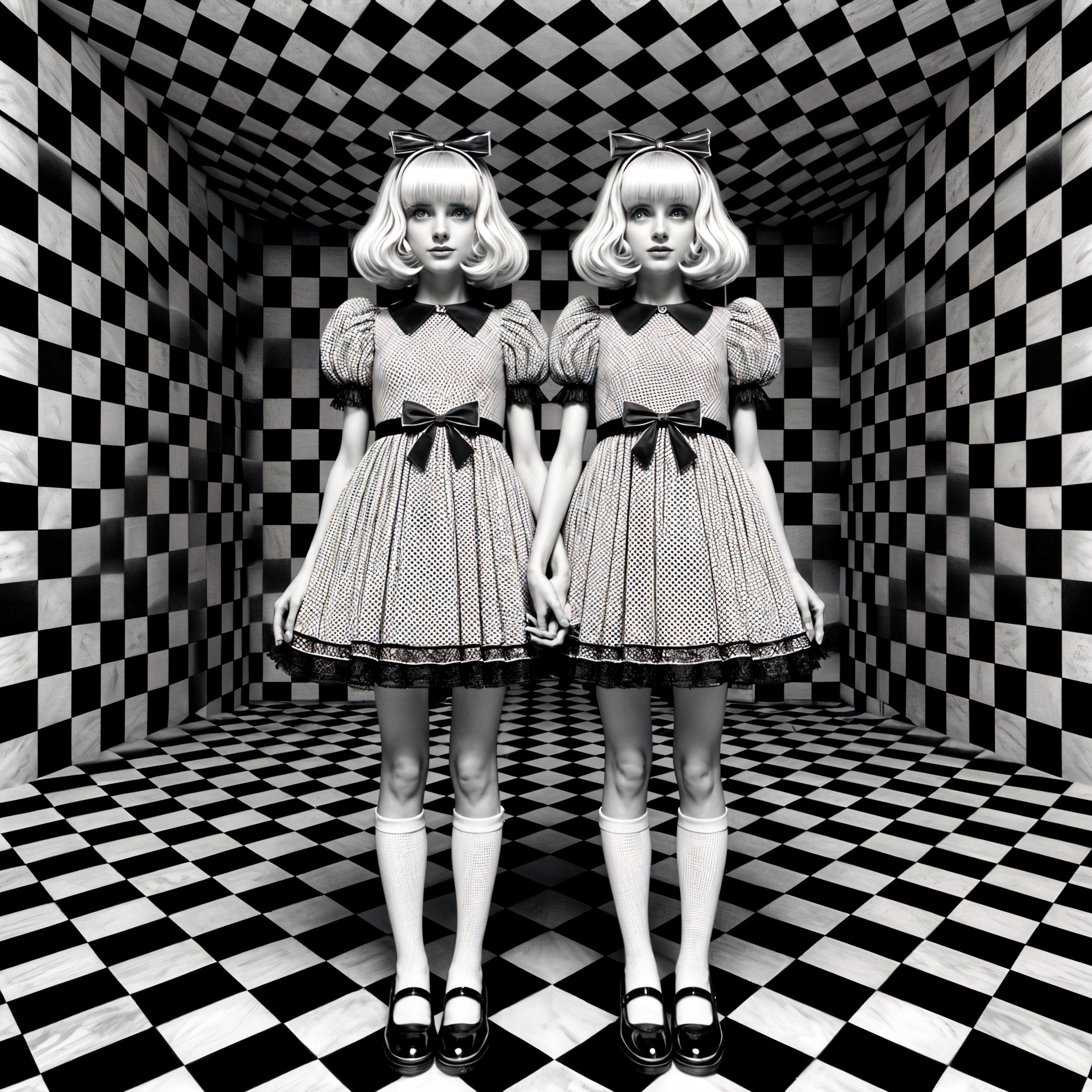 Surreal Identical Figures in Vintage Dresses on Checkerboard