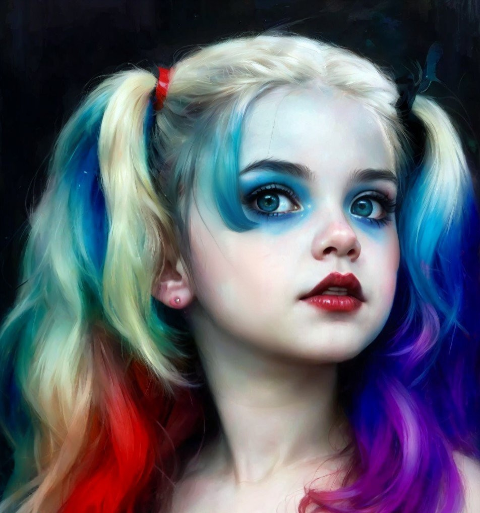 Vibrant rainbow hair and bold makeup on young girl