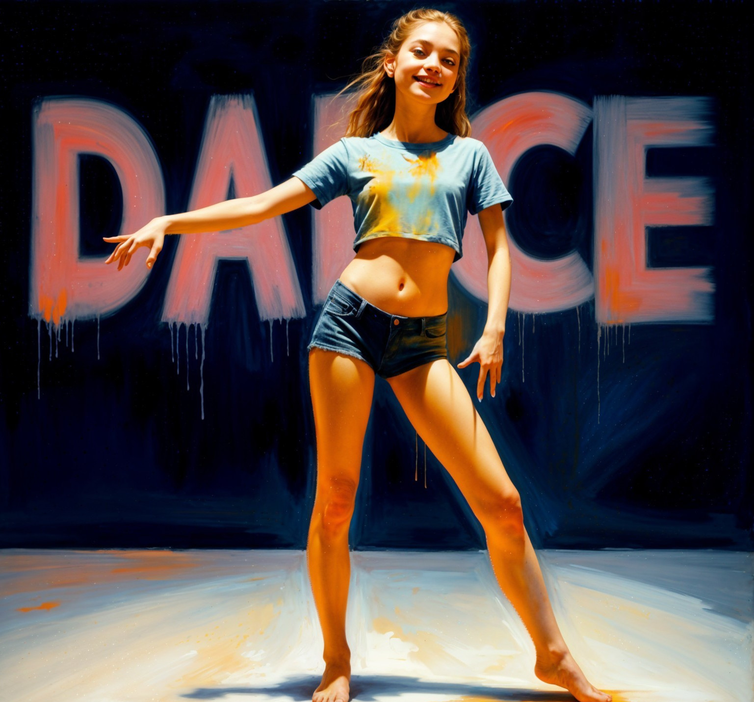 Young Girl Dancing in Colorful Background Display