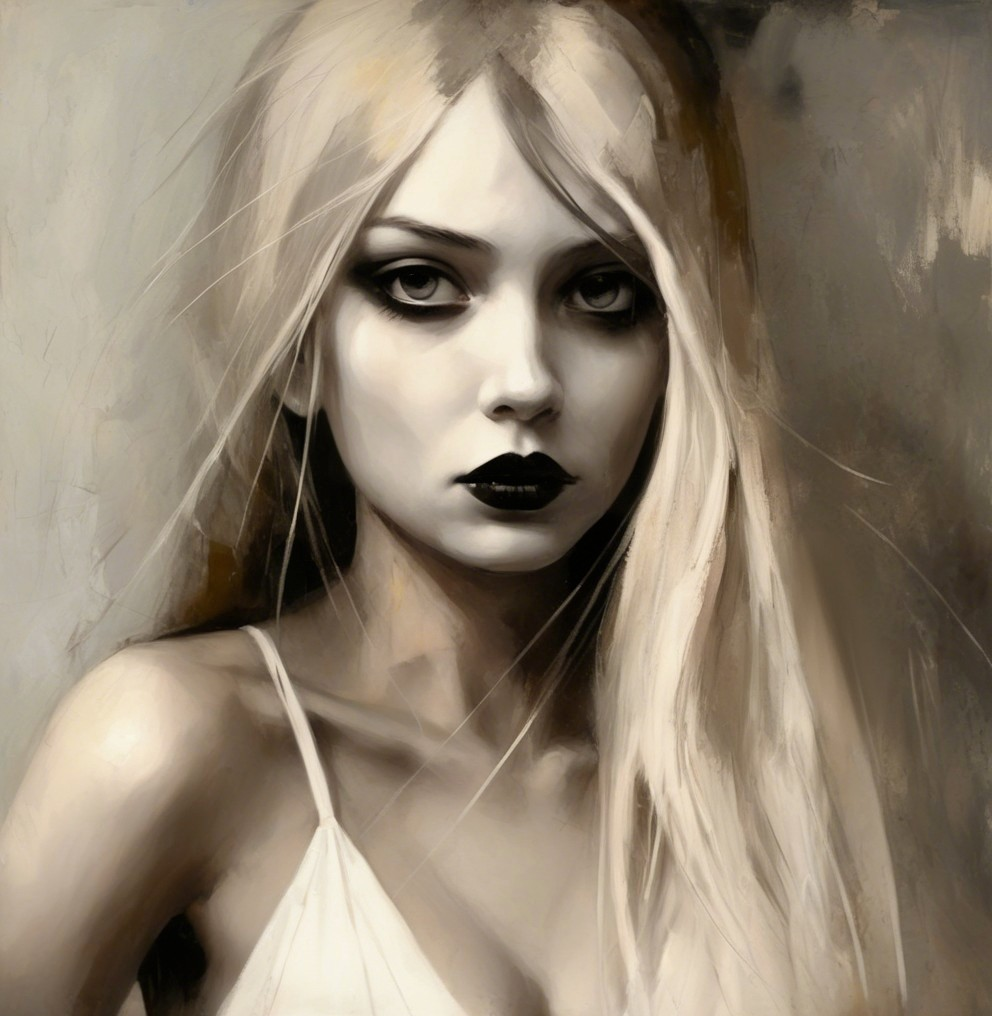 Portrait of a Woman with Blonde Hair and Black Lipstick