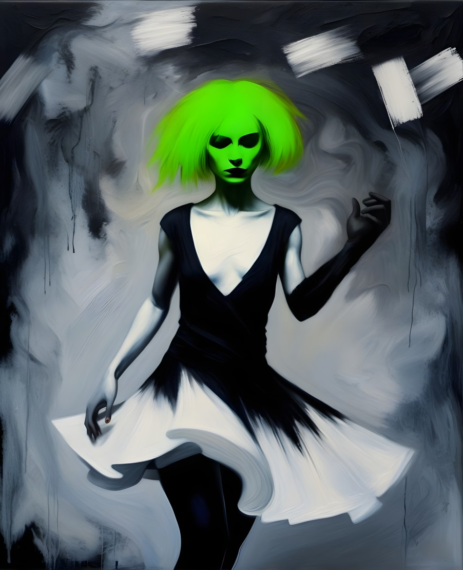 Dancer in Black and White Dress with Green Hair