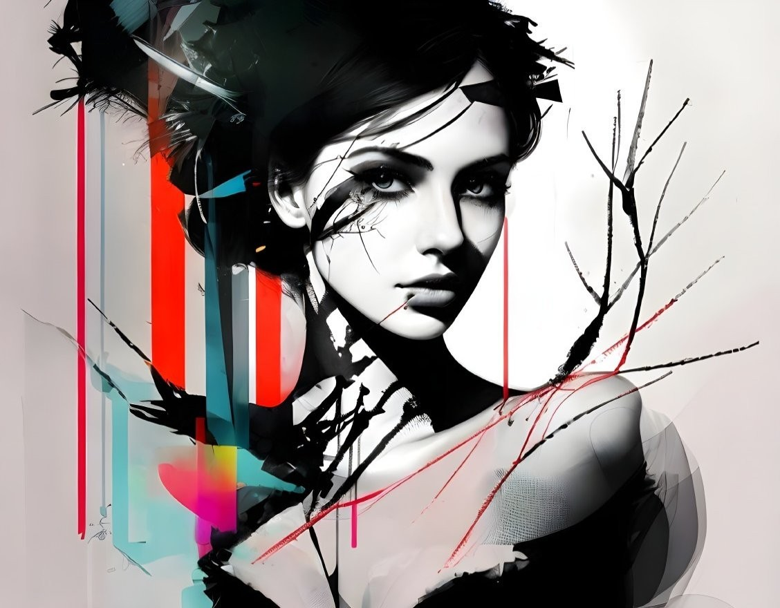 Monochromatic portrait of a woman with abstract splashes and tree branches