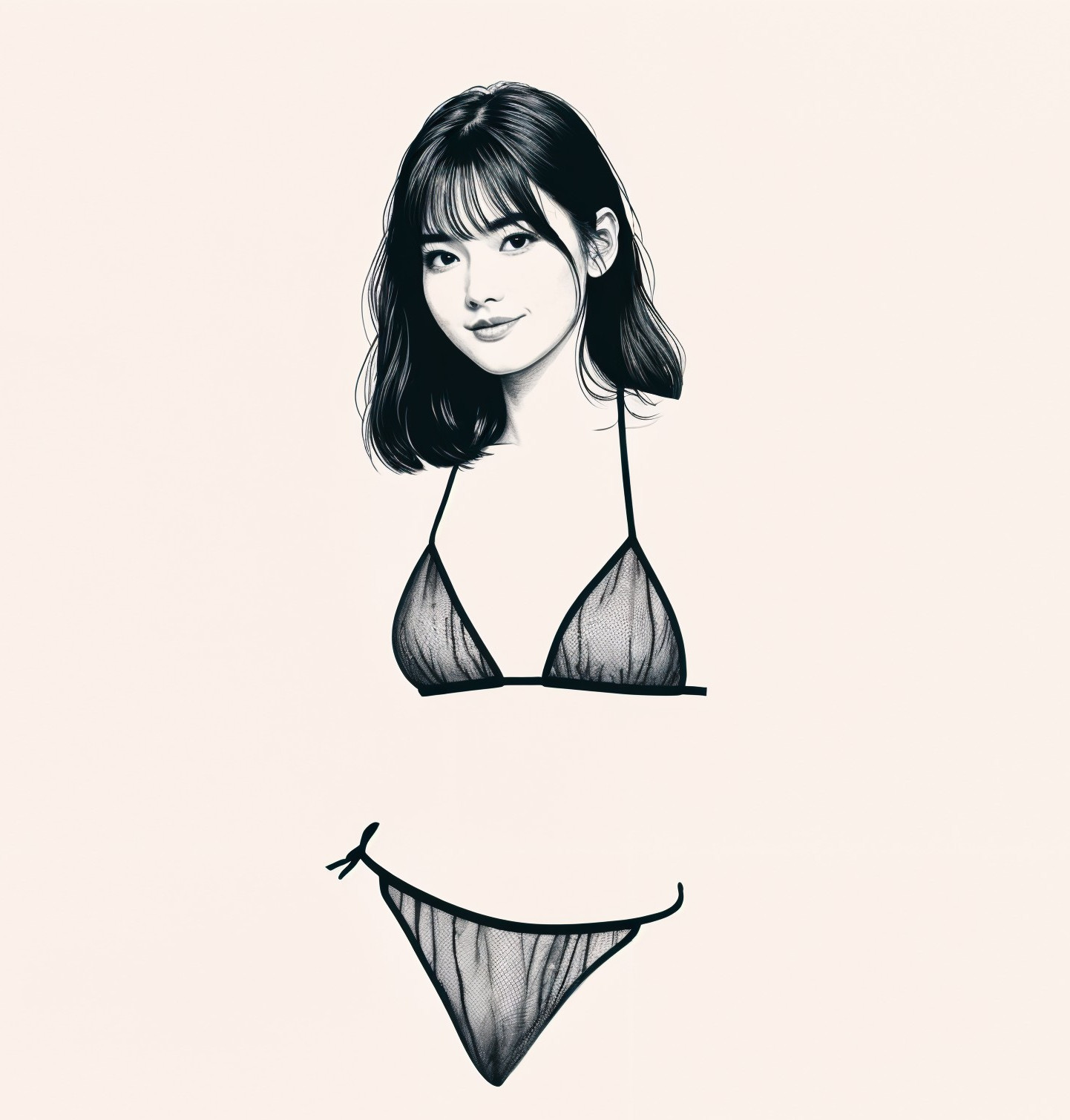 Stylized Illustration of Woman in Black Mesh Bikini