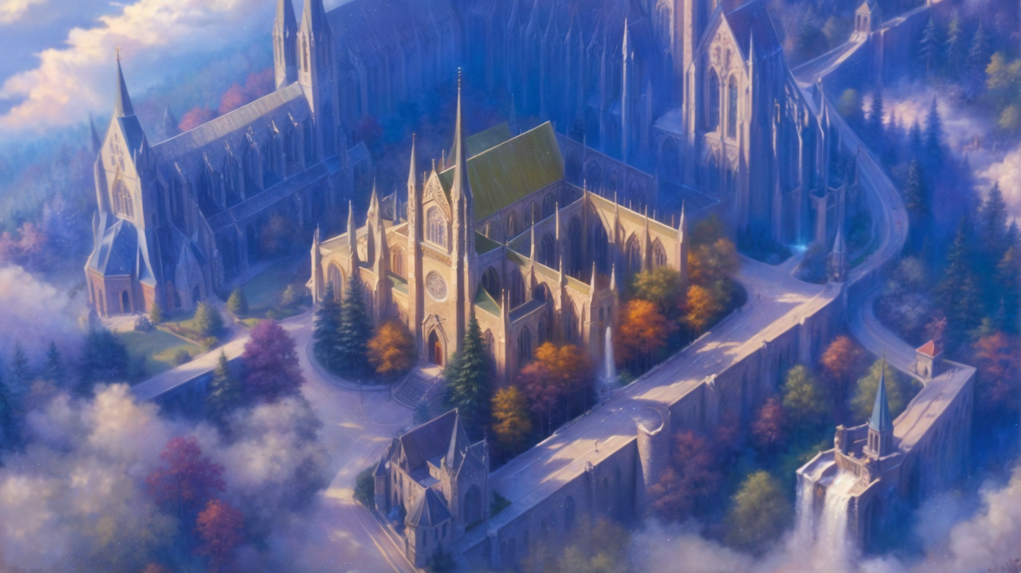 Gothic Cathedral Surrounded by Autumn Trees and Clouds