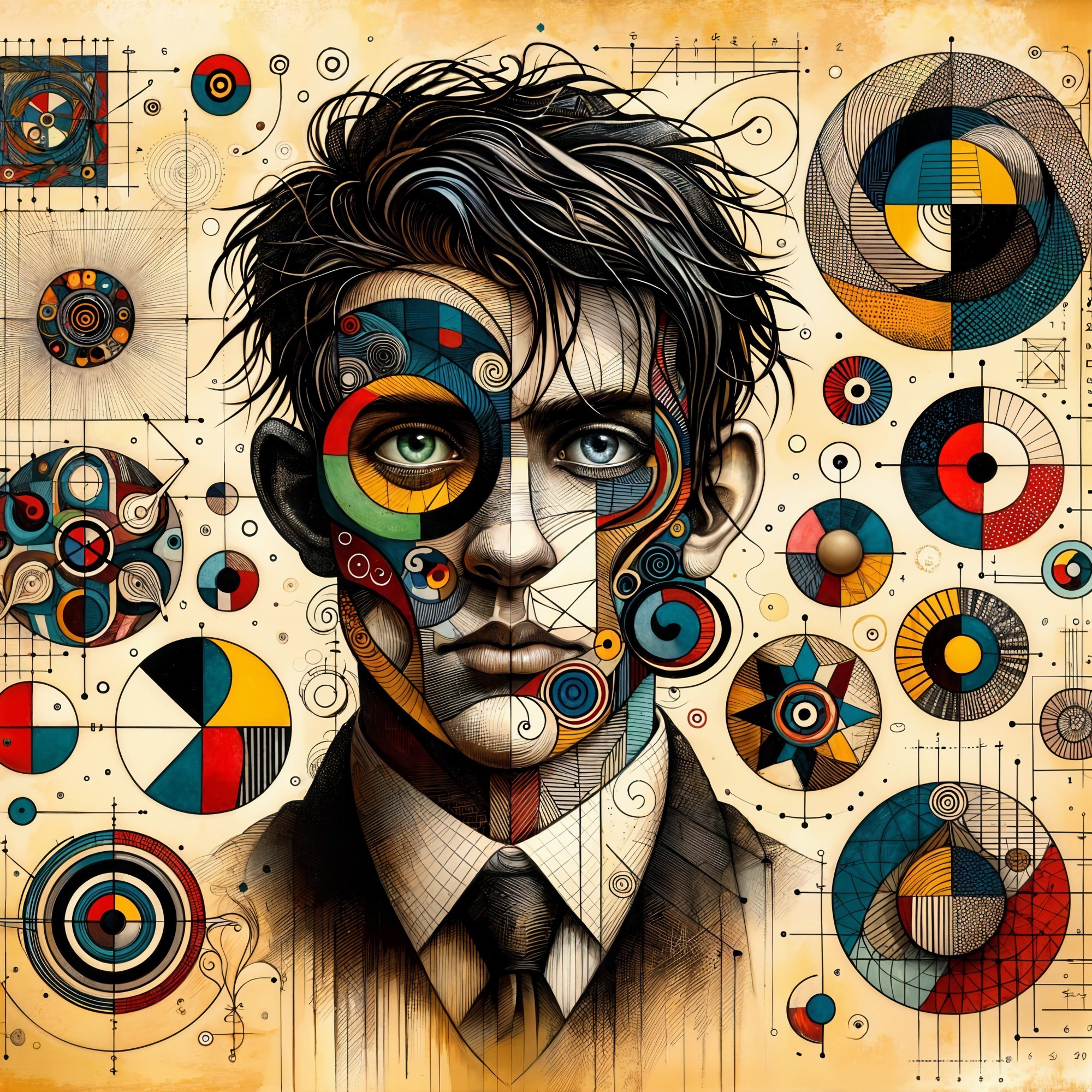Stylized portrait of a young man with geometric patterns