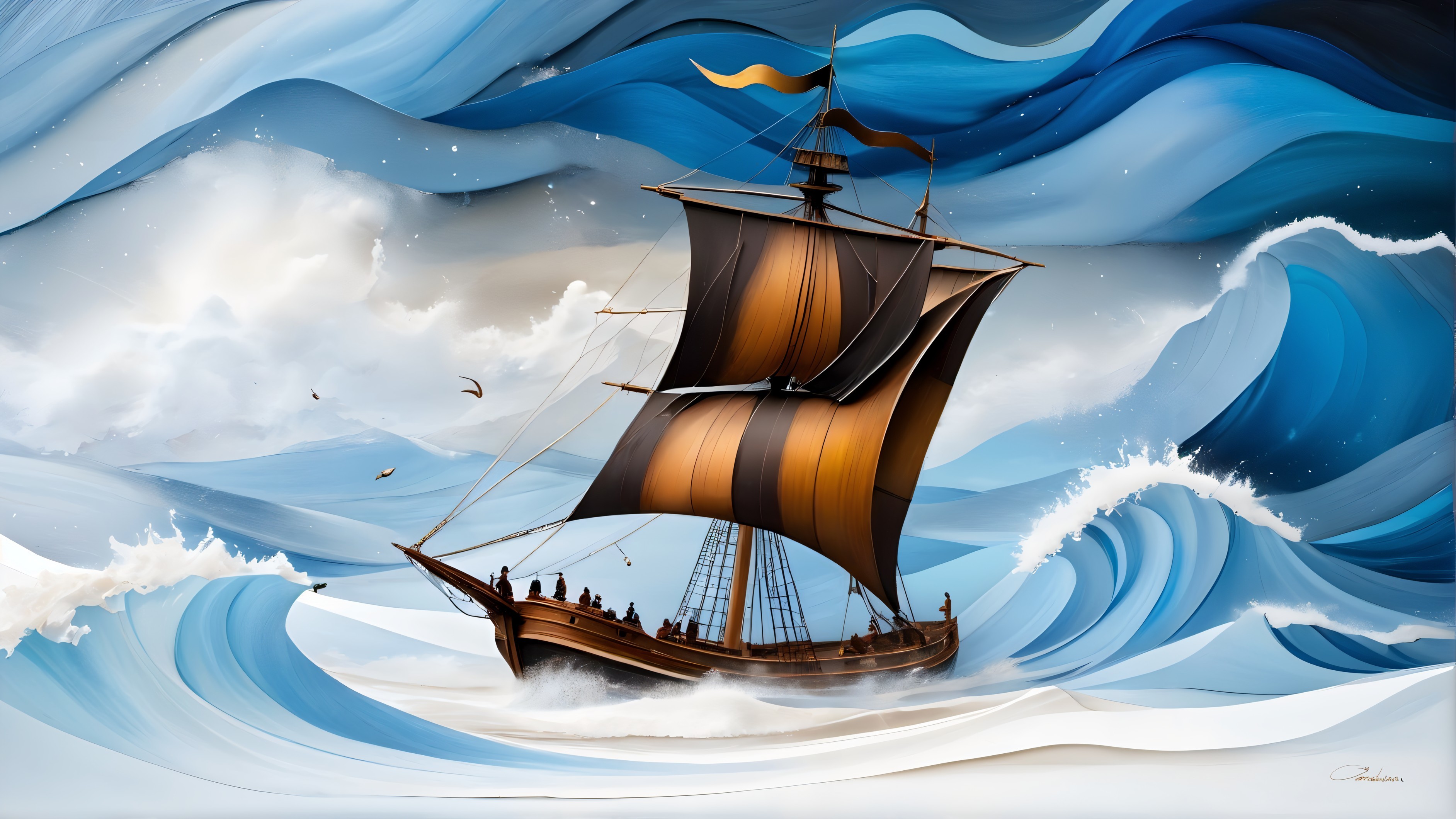 Majestic Sailing Ship on Vibrant Swirling Waves