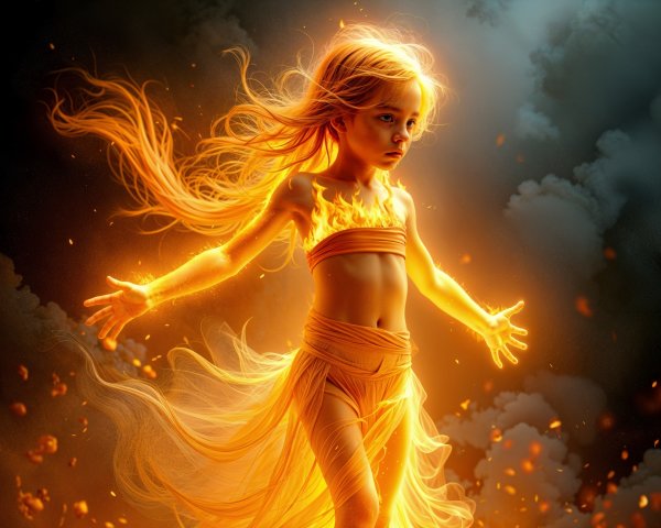 Young girl surrounded by swirling smoke and flames