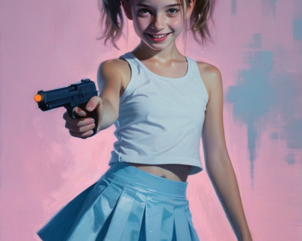 Young girl in playful pose with toy gun and pink background