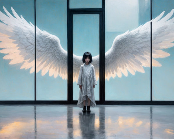 Child in Modern Room with Angelic Wings and Blue Walls