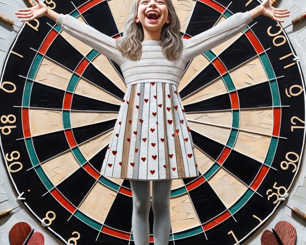 Young girl in striped sweater by colorful dartboard