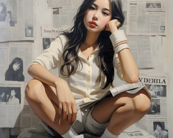 Young woman on newspapers with urban backdrop