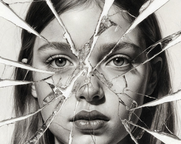 Close-Up of a Young Girl's Face with Broken Mirror