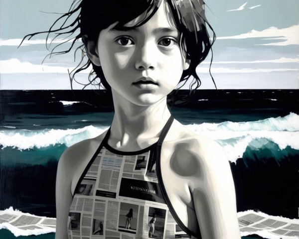 Young girl by ocean in newspaper swimsuit artwork